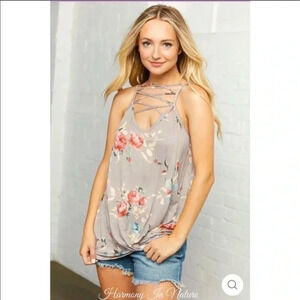 Floral Accent Tank Top w/ Criss-Cross Accent